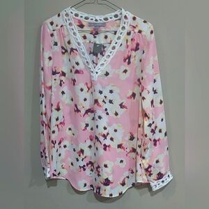 NY Collection Blouse Pink Floral White Trim Tunic Long Sleeve Light Wt S 38x25